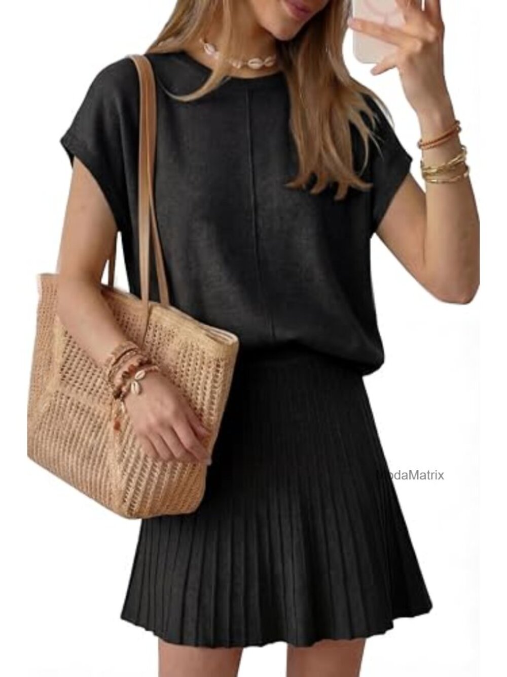 Wool Blend Knit 2 Piece Skirt Set Cap Sleeve Pleated Mini Skirt Outfit
